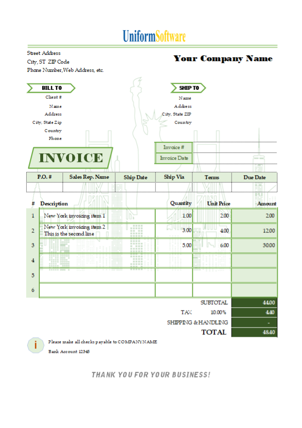 Invoicing Format with Watermark of New York
