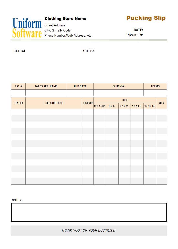 Packing Slip for Clothing Store or Manufacturer