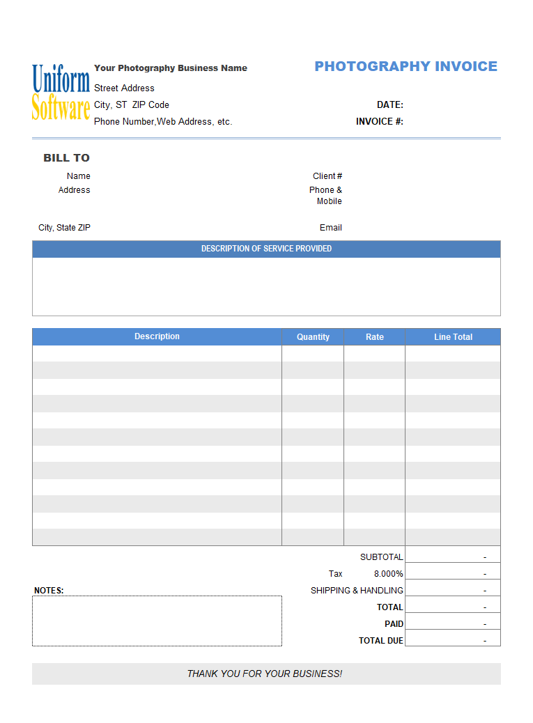Photography Invoicing Template (General)