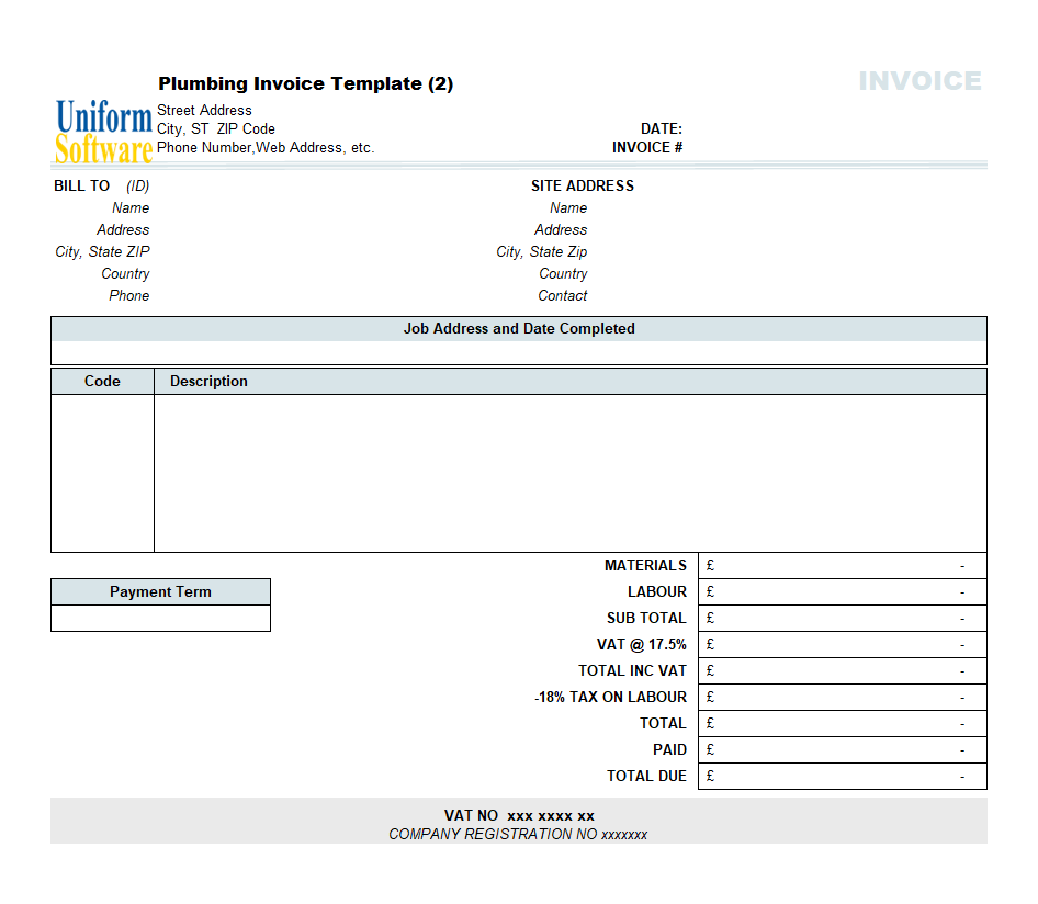 Plumbing Contractor Invoice Template (Landscape) (IMFE Edition)