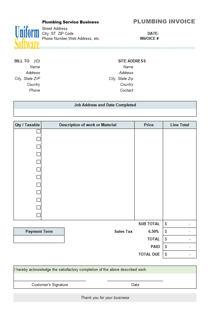 Plumbing Service Invoicing Sample (Sales Tax) Thumbnail
