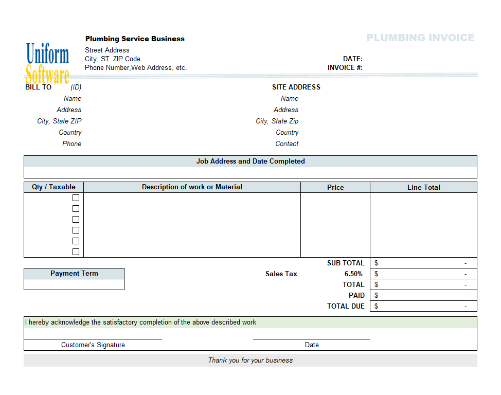 The screen shot for Plumbing Service Invoice Template (Landscape)