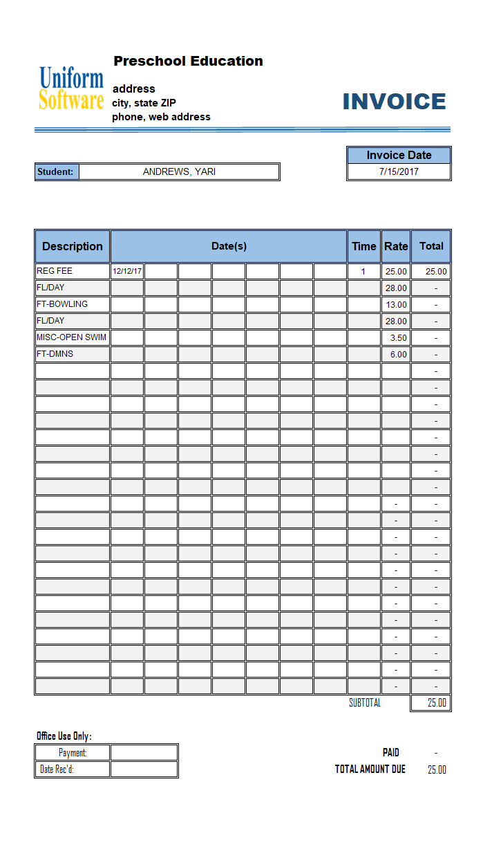The screen shot for Preschool Education Invoice Template
