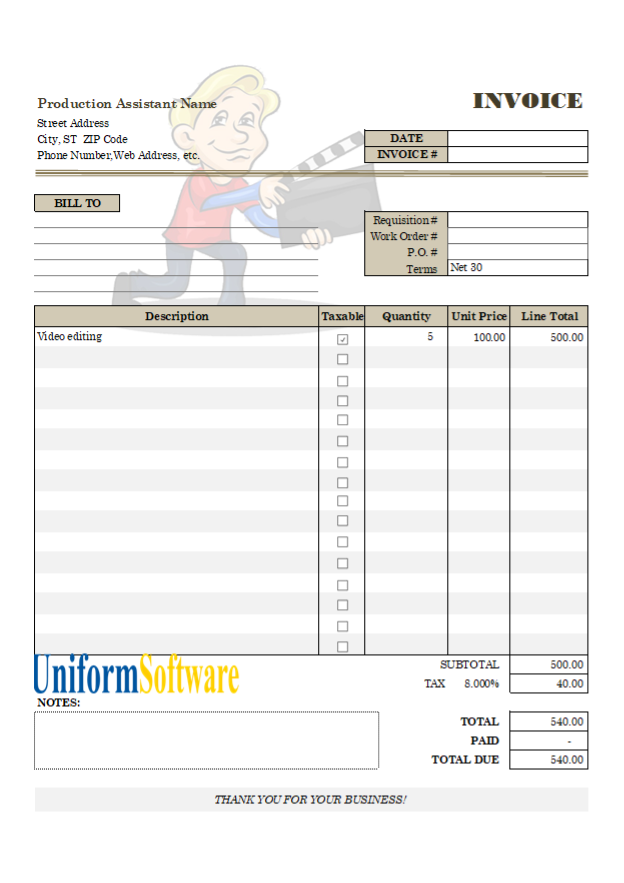 Production Assistant Invoice Sample