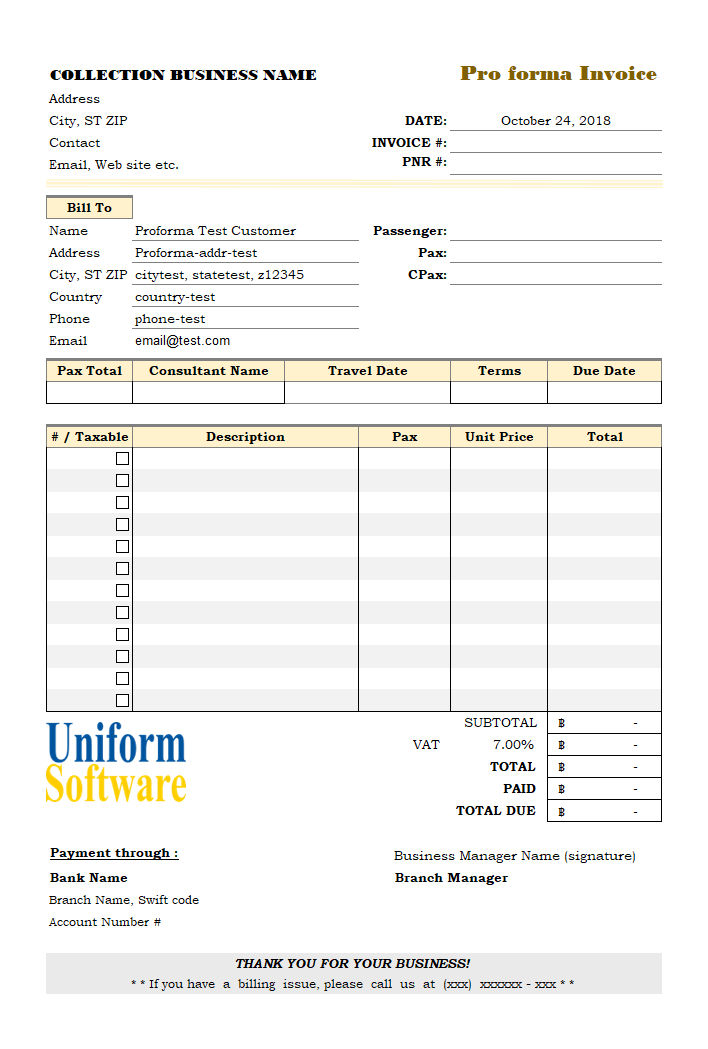 Pro forma Invoice for Collection Business in Thailand