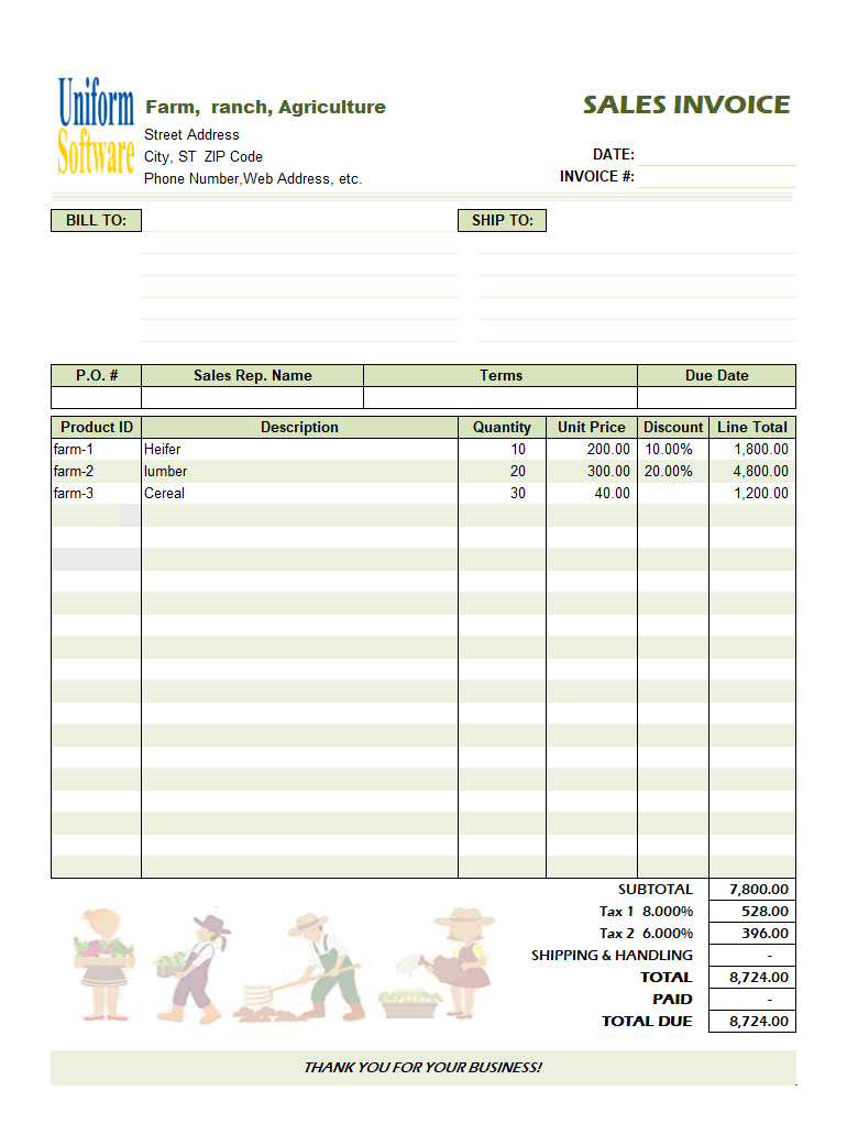 The screen shot for Farm Invoice Template
