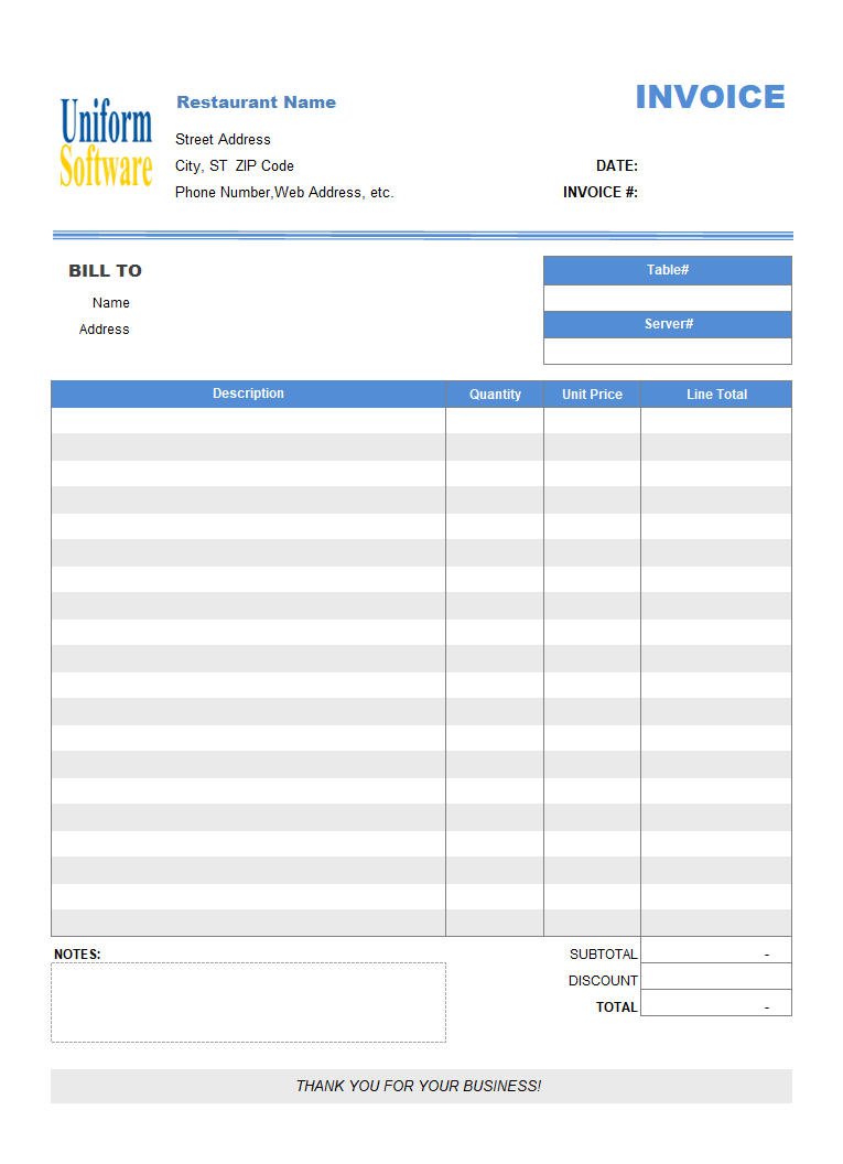 Restaurant Dining Invoice Template No Tax