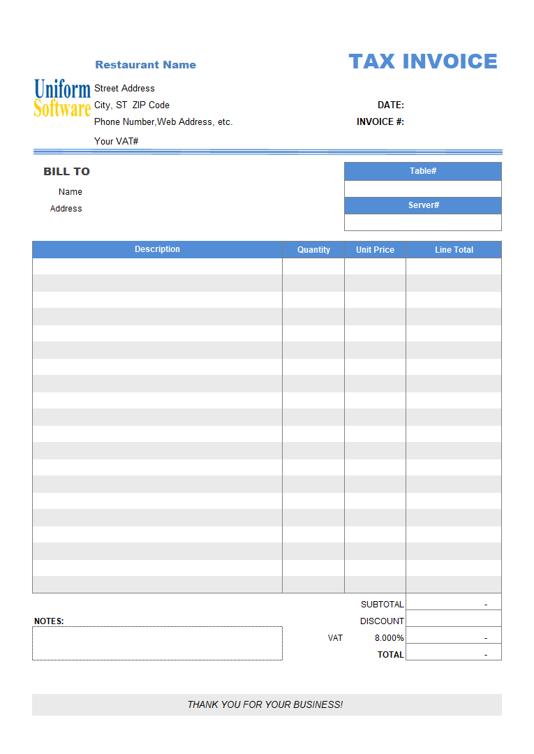 Restaurant Dining Invoice Template (VAT) (IMFE Edition)