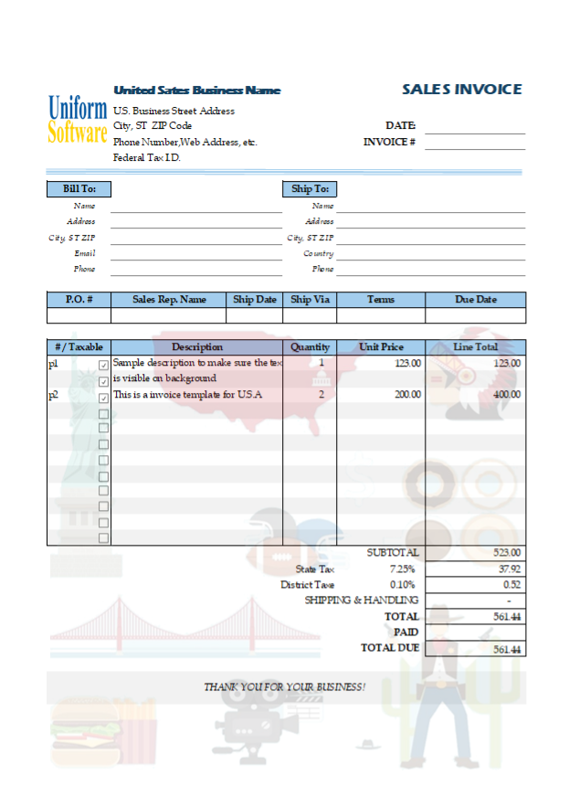 Sales Invoice Template for United States (IMFE Edition)