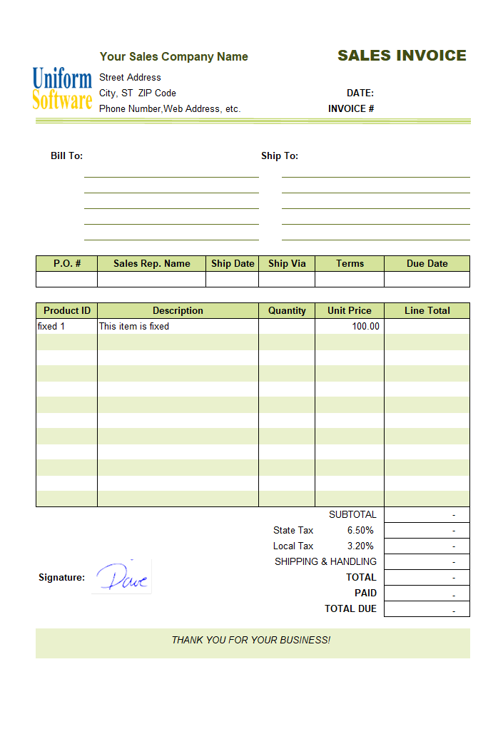The screen shot for Sample Sales Invoice Template: Fixed Items