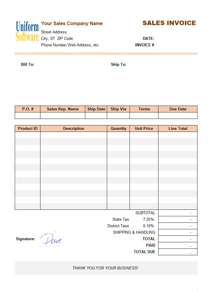 Sample Sales Invoice Template: Using Handwriting Signature (IMFE Edition)