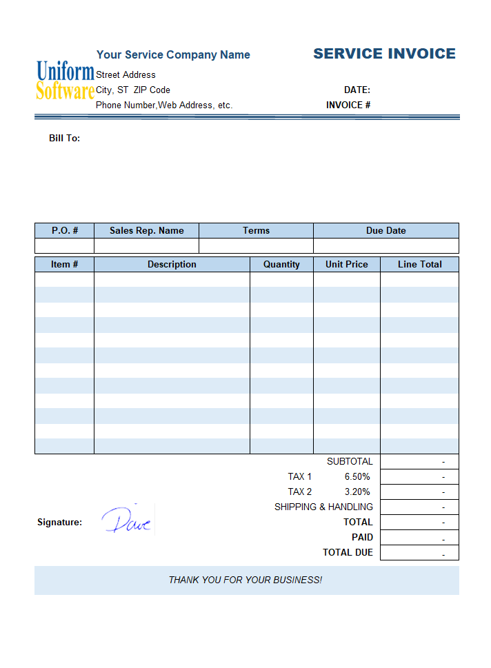 Sample Service Invoice Template: Using Handwriting Signature (IMFE Edition)