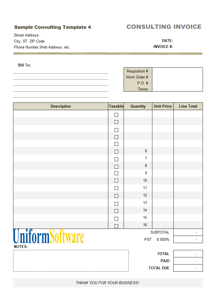 Consulting Invoice Template (4th Sample - Taxable Column) (IMFE Edition)
