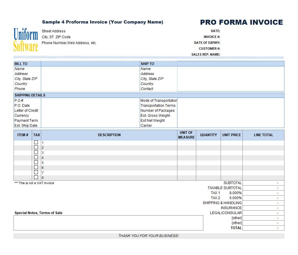 Proforma Invoice Template (4th Sample, Landscape Page Orientation) (IMFE Edition)