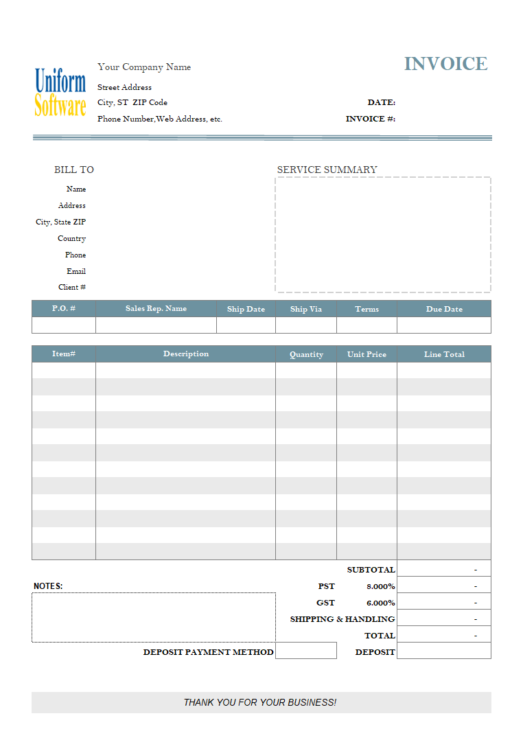 Simple Service Invoicing Template with Deposit
