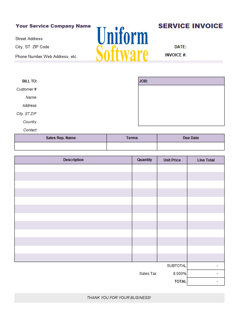Service Invoice Form in Excel