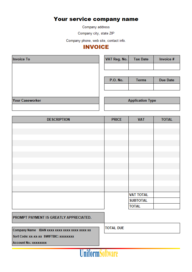The screen shot for Service VAT Invoice Template