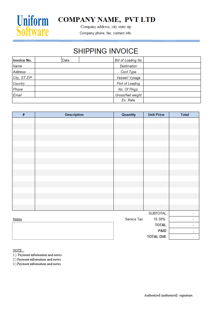 The screen shot for Shipping Invoice Template (1)