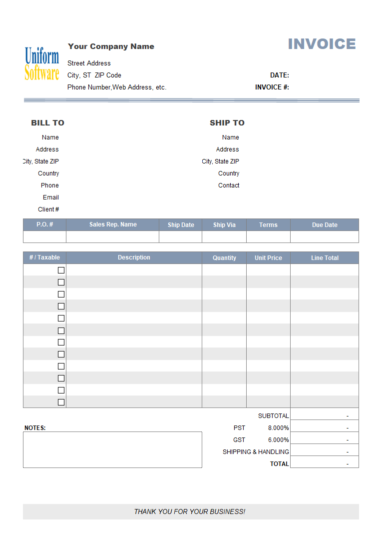 Simple Sample Invoicing Template - Moving Cells