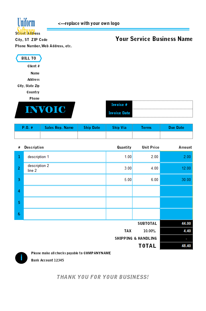 The screen shot for Simple Service Invoice Template