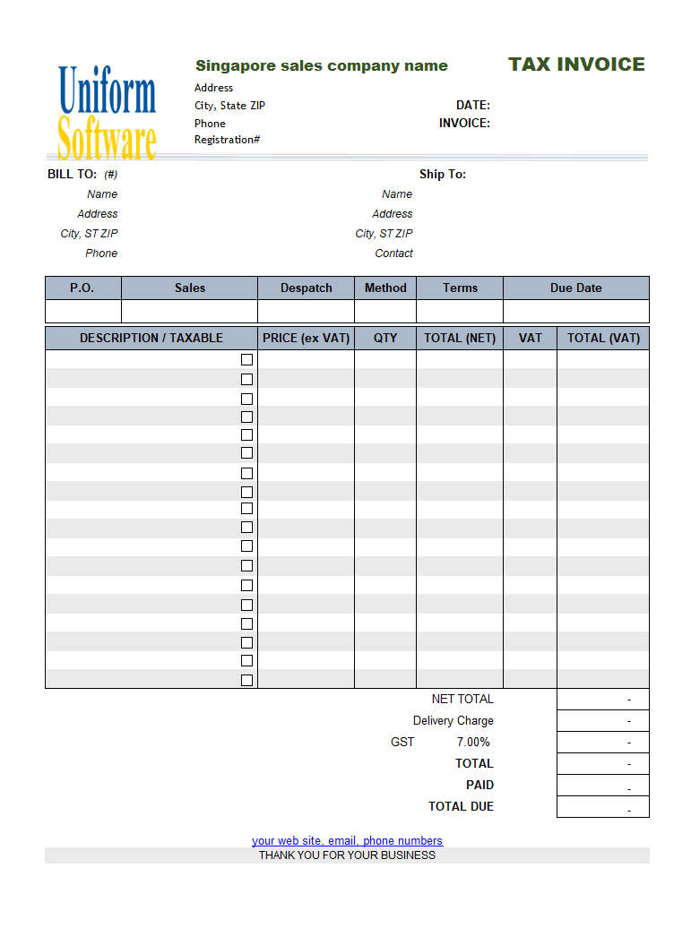 The screen shot for Singapore GST Invoice Template (Sales)
