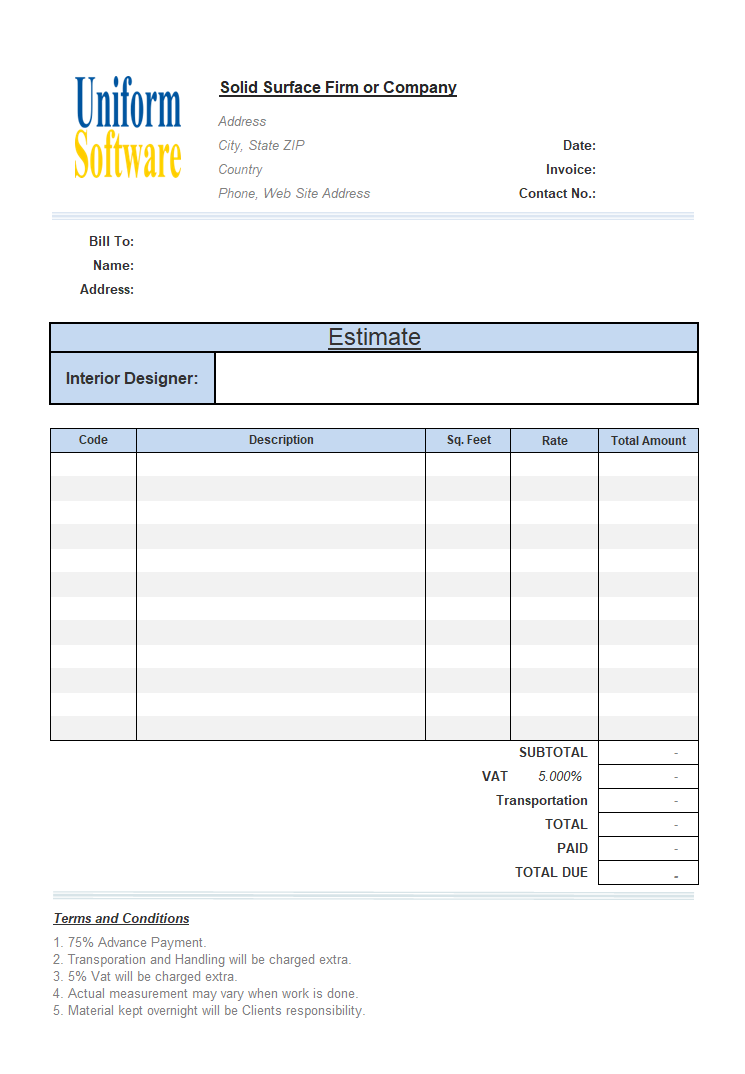 The screen shot for Estimate Form for Solid Surface Firm
