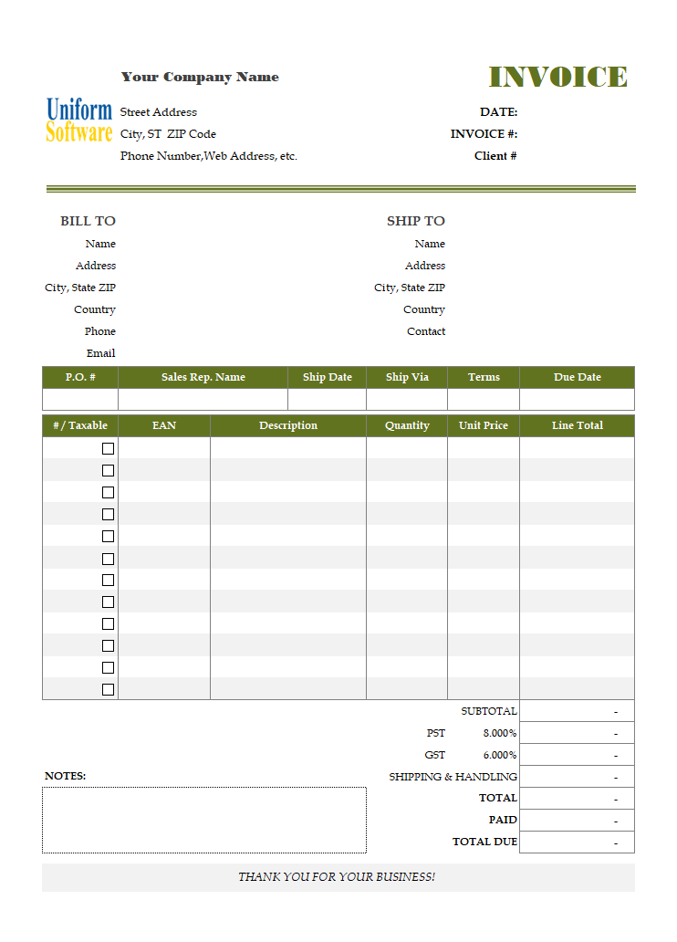 Standard Invoicing Template with EAN Thumbnail