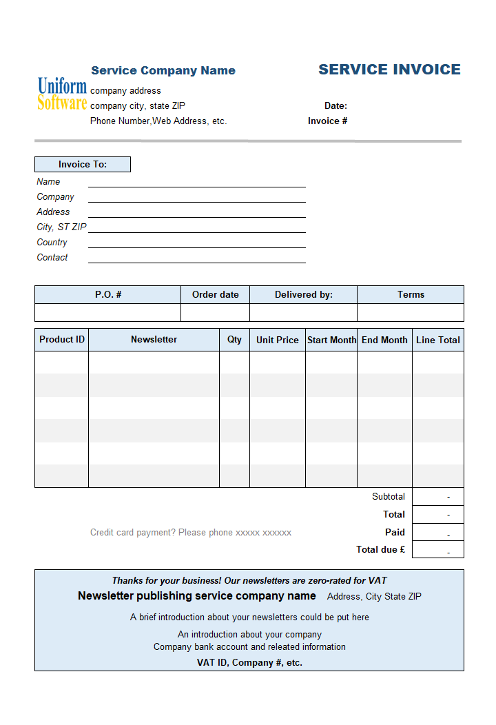 The screen shot for Subscription Invoice Template (Service)