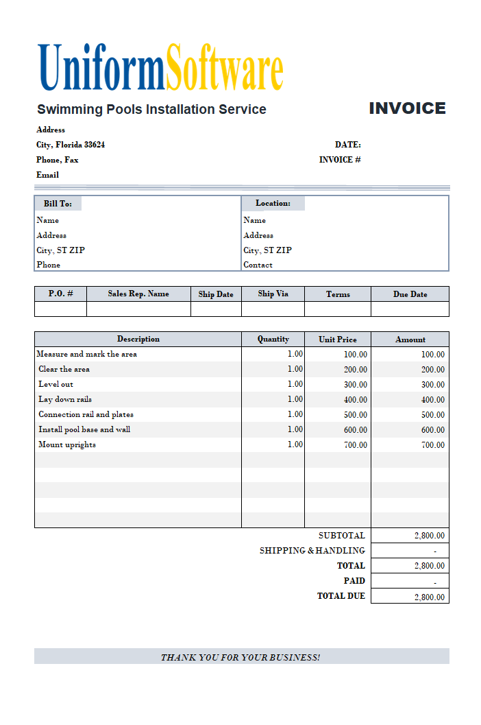 The screen shot for Swimming Pool Installation Service Invoice