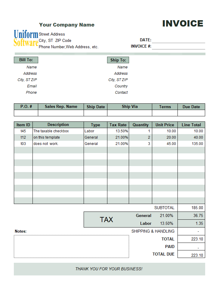 The screen shot for Mixed Tax Rates in an Invoice (7 Columns)