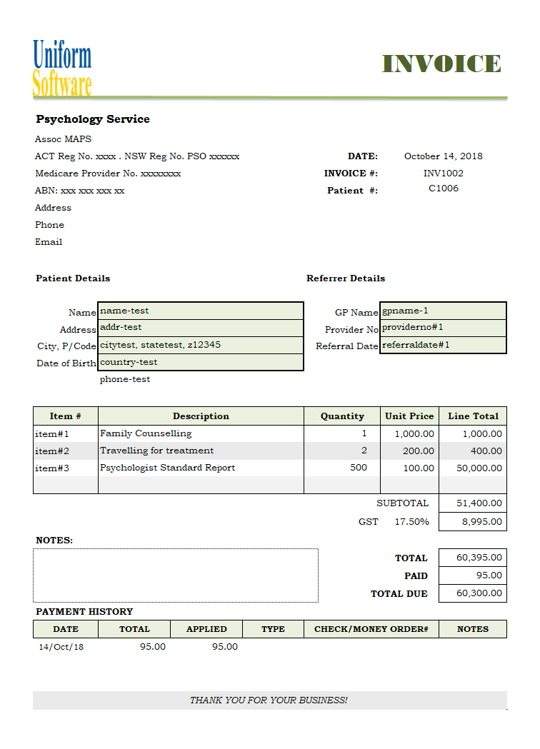 Tax Invoice Template for Psychology Service (IMFE Edition)