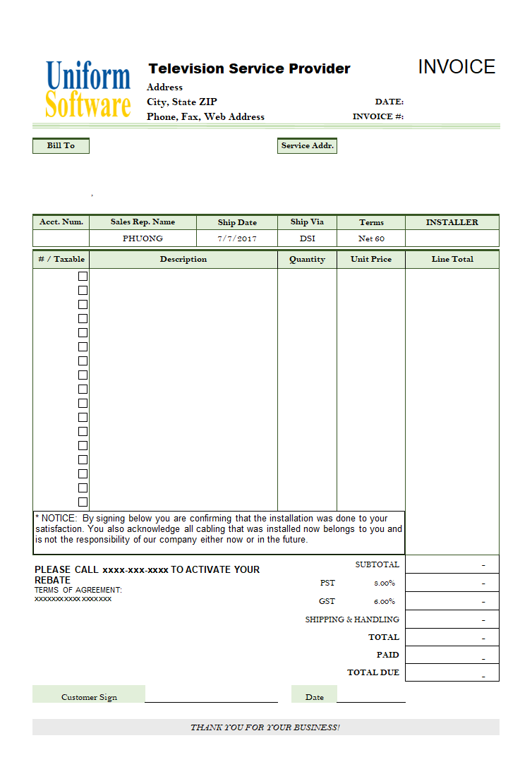 Television Service Billing Template