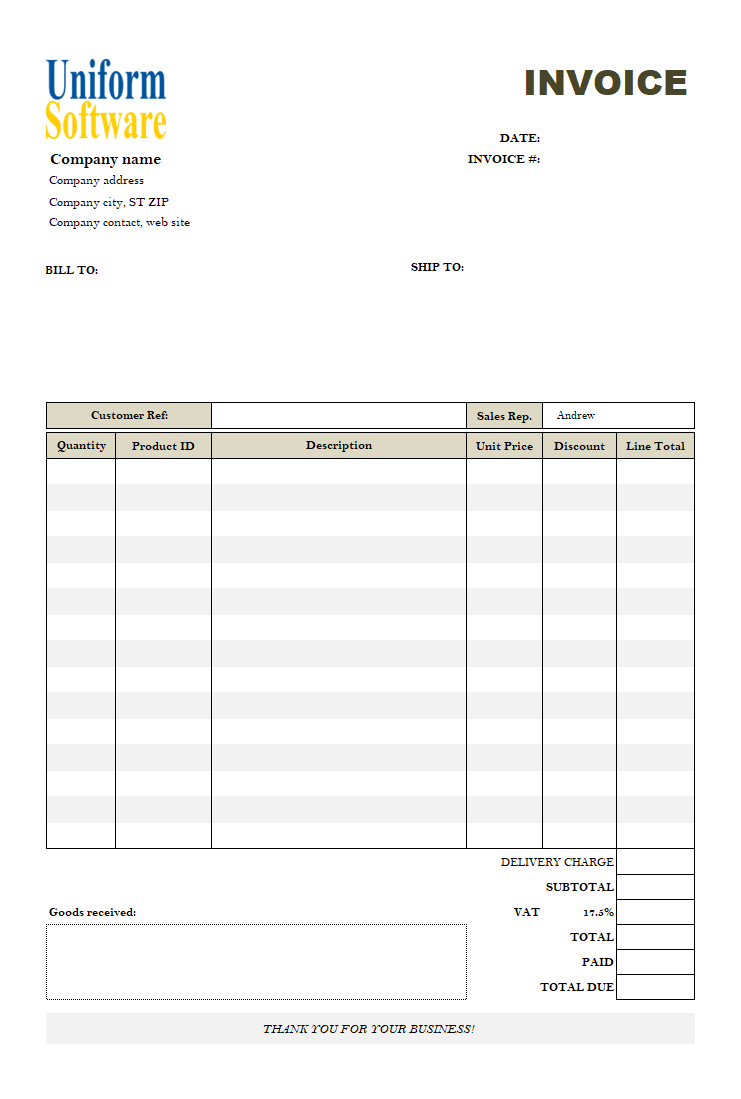 The screen shot for UK Tax Invoice Template