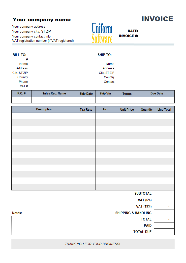 VAT Invoicing Template with VAT Rate and Amount Column (IMFE Edition)