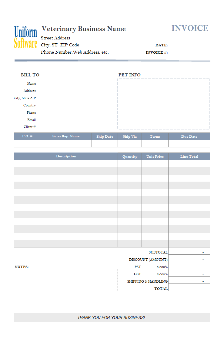 The screen shot for Veterinary Invoice Template