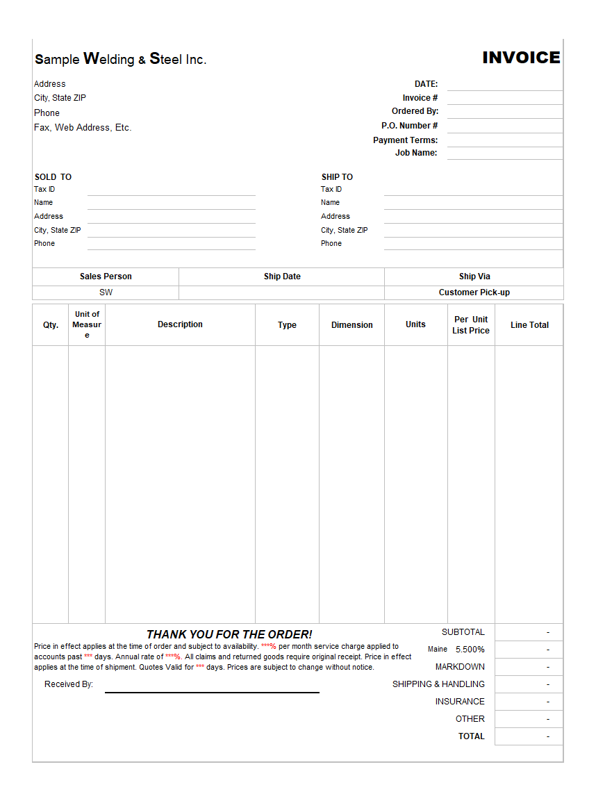Welding Invoicing Form