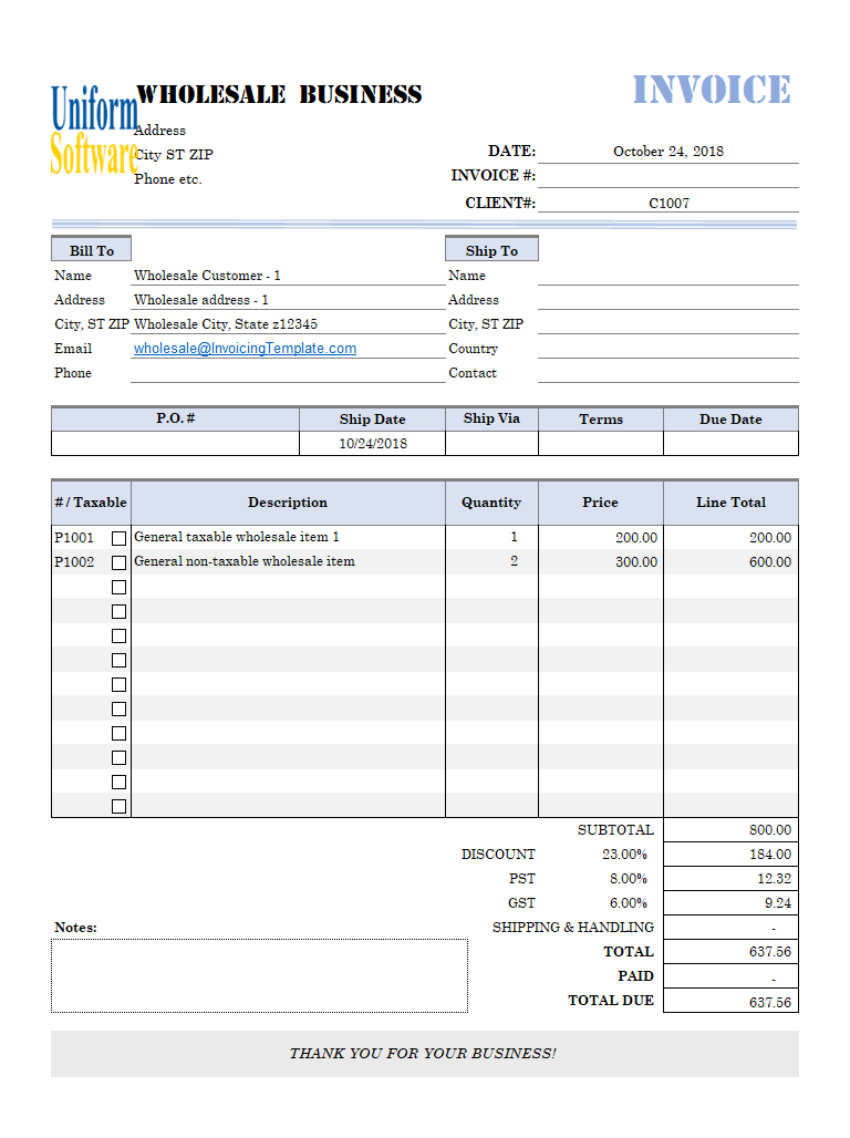 Wholesale Invoice Format with Per-Customer Discount Rate (IMFE Edition)