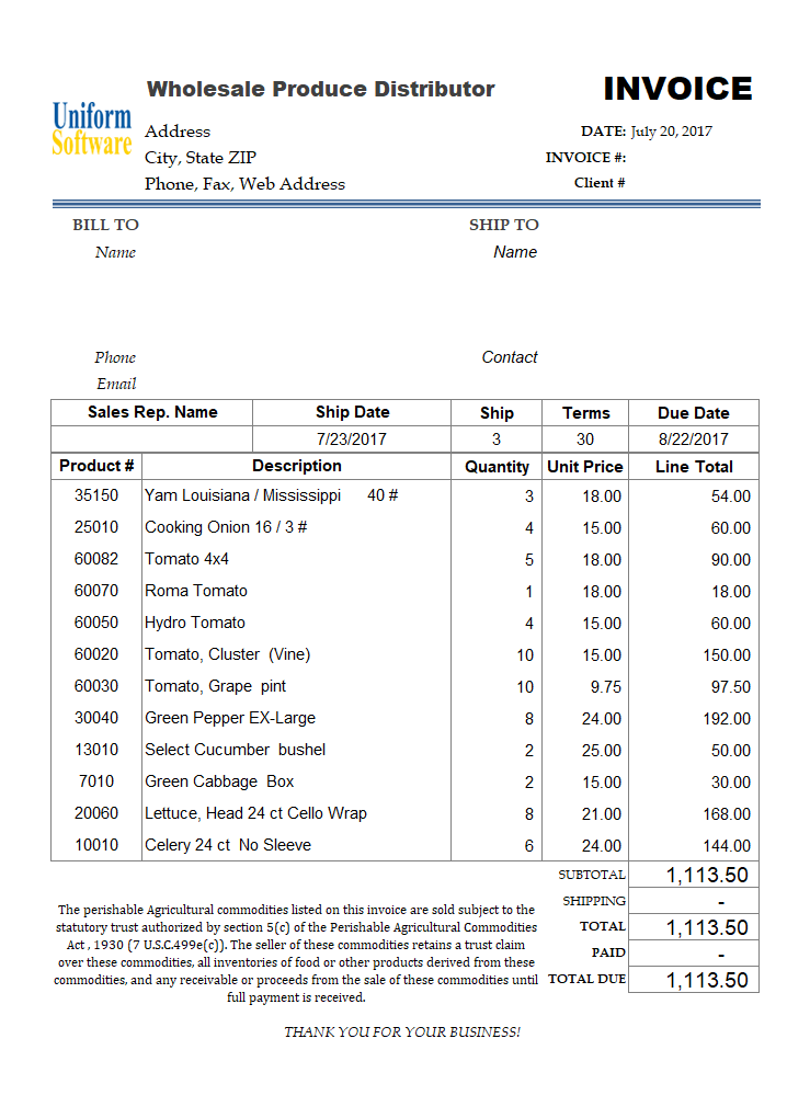 The screen shot for Wholesale Produce Distributor Invoice