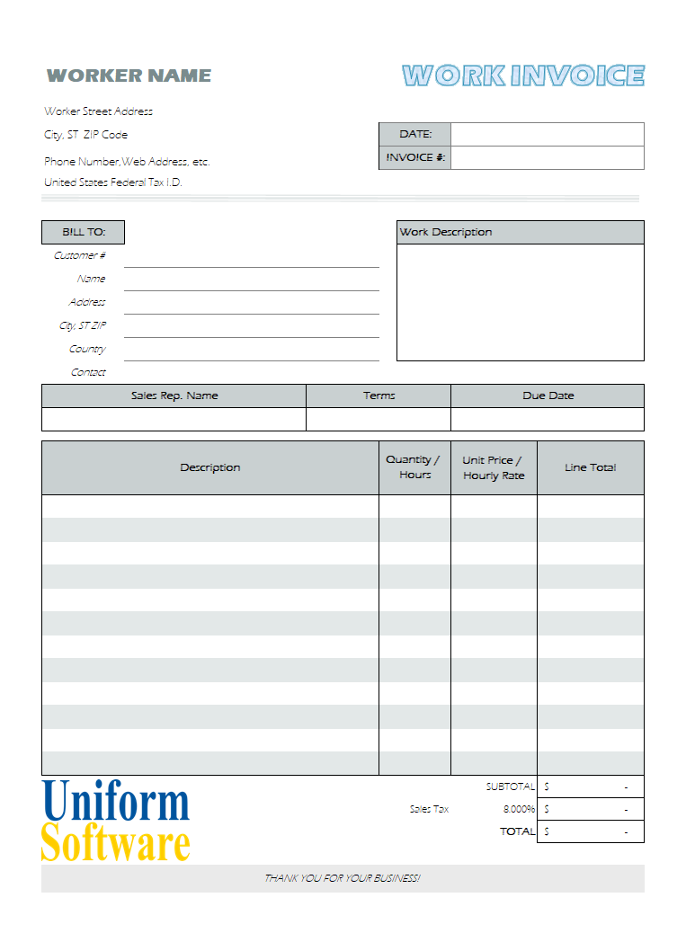 Thumbnail for Work Invoice in Excel